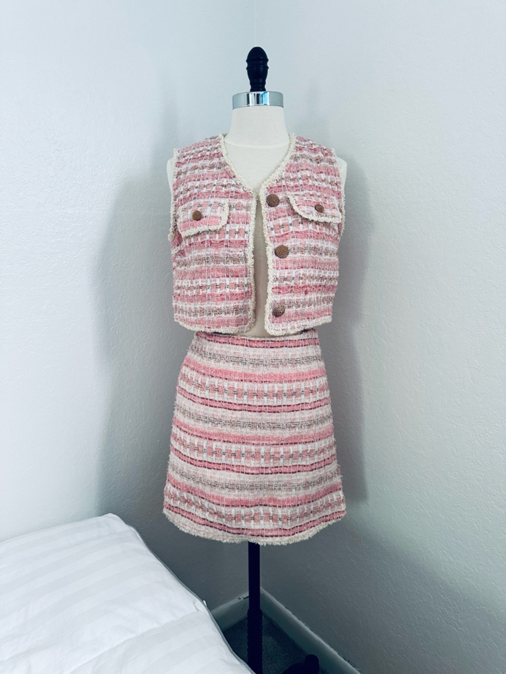 Tweed Pink, Cream, & Gold Vest Skort set